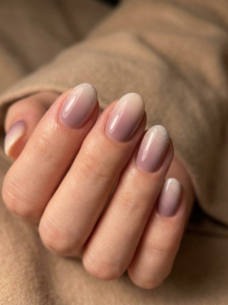 Close-up of a hand wrapped in a neutral sleeve showing ombre wedding nails in mauve fading into beige, finished with subtle speckled accents on glossy almond nails.