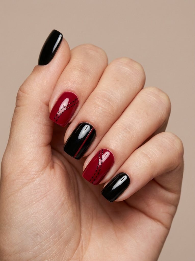 Fingers gently curled inward displaying red and black wedding nails in high-shine scarlet and reflective black, highlighted by fine linear decorative accents.
