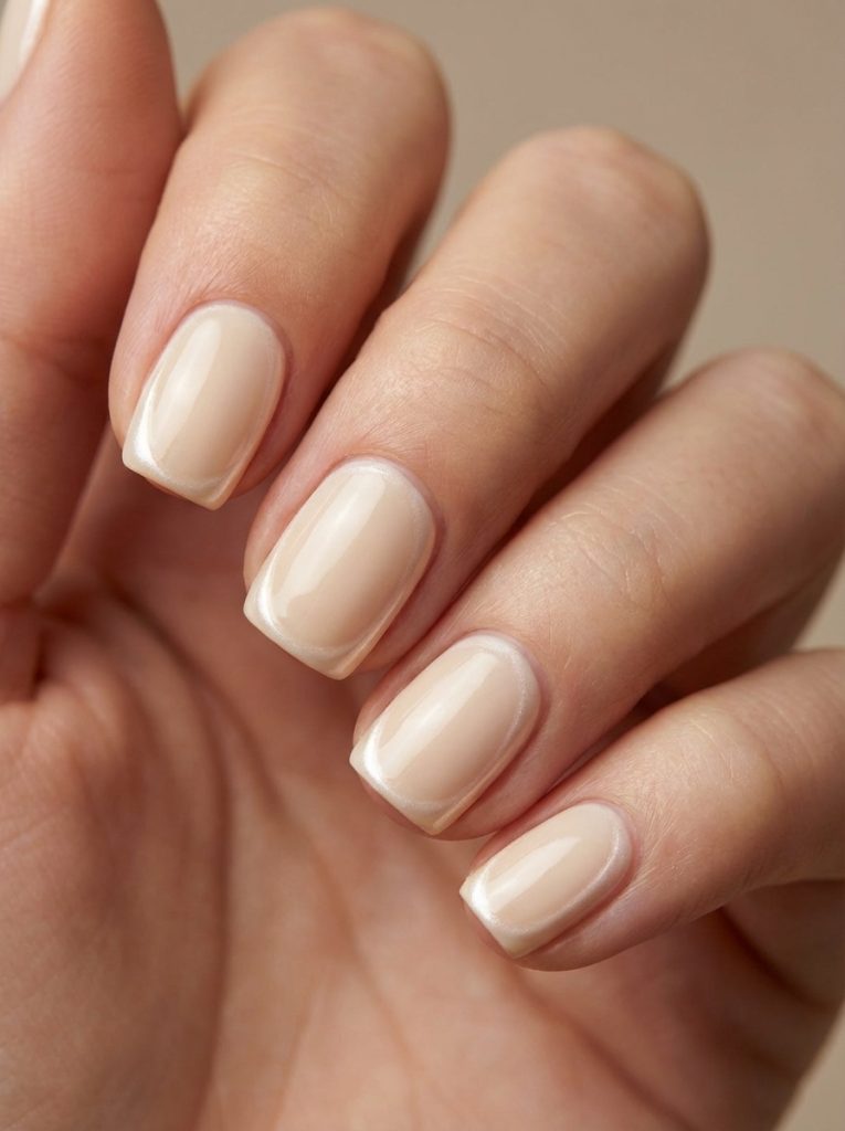 Hand photographed in warm lighting displaying pearl wedding nails painted in soft ivory beige with a reflective glossy surface on short square nails.