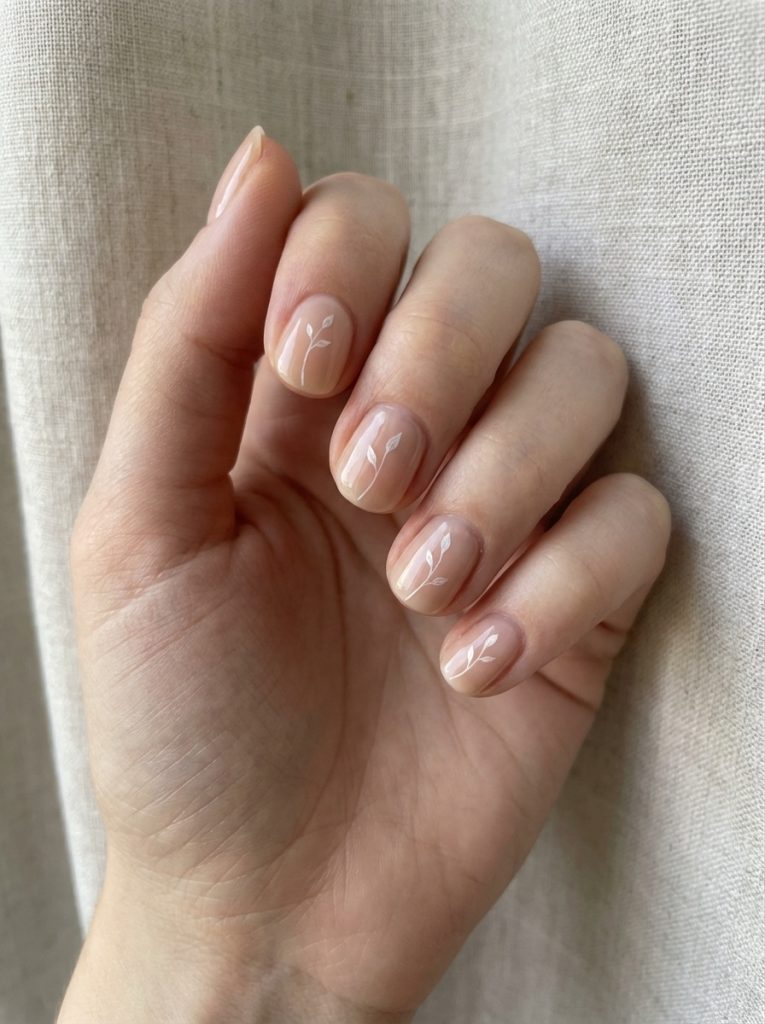 Hand posed against textured linen curtain showcasing nude wedding nails in glossy peach-beige polish with tiny white leaf designs on short rounded nails.