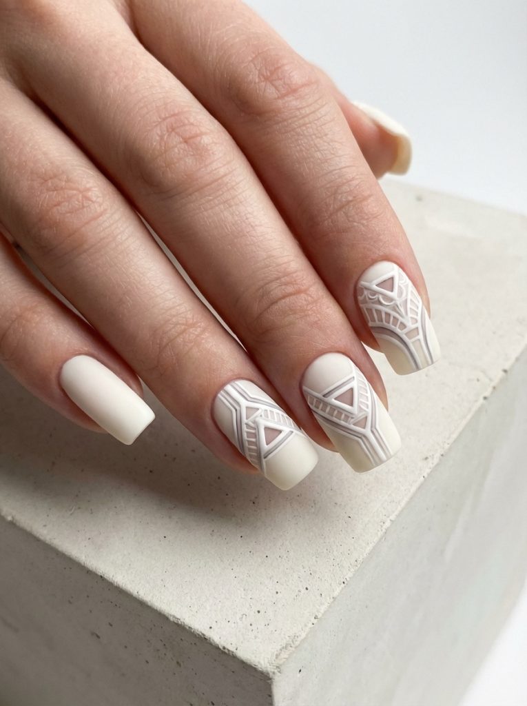 Elegant fingers angled over a neutral block featuring matte wedding nails in pale vanilla white with raised 3D lace patterns across the square tips.