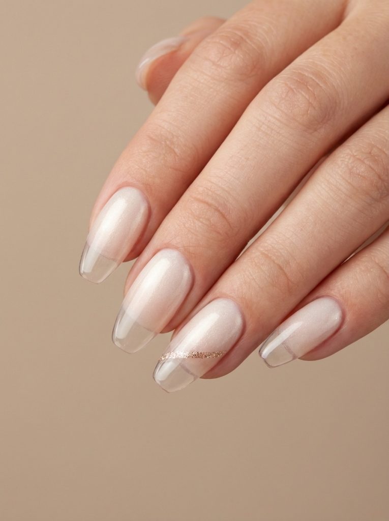 Close-up of a manicured hand showing ombre wedding nails in soft ivory fading into clear tips, accented with a delicate diagonal champagne glitter stripe on one nail.