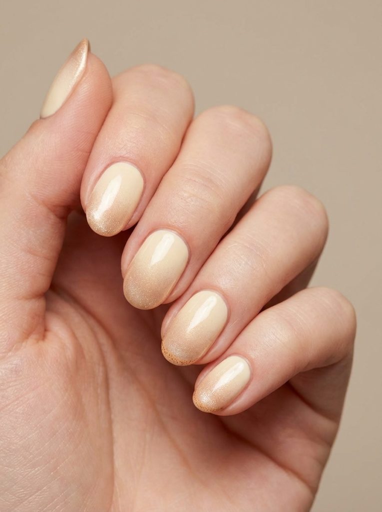 Natural hand pose against a neutral backdrop showcasing ombre wedding nails transitioning from pale nude into champagne glittered tips.