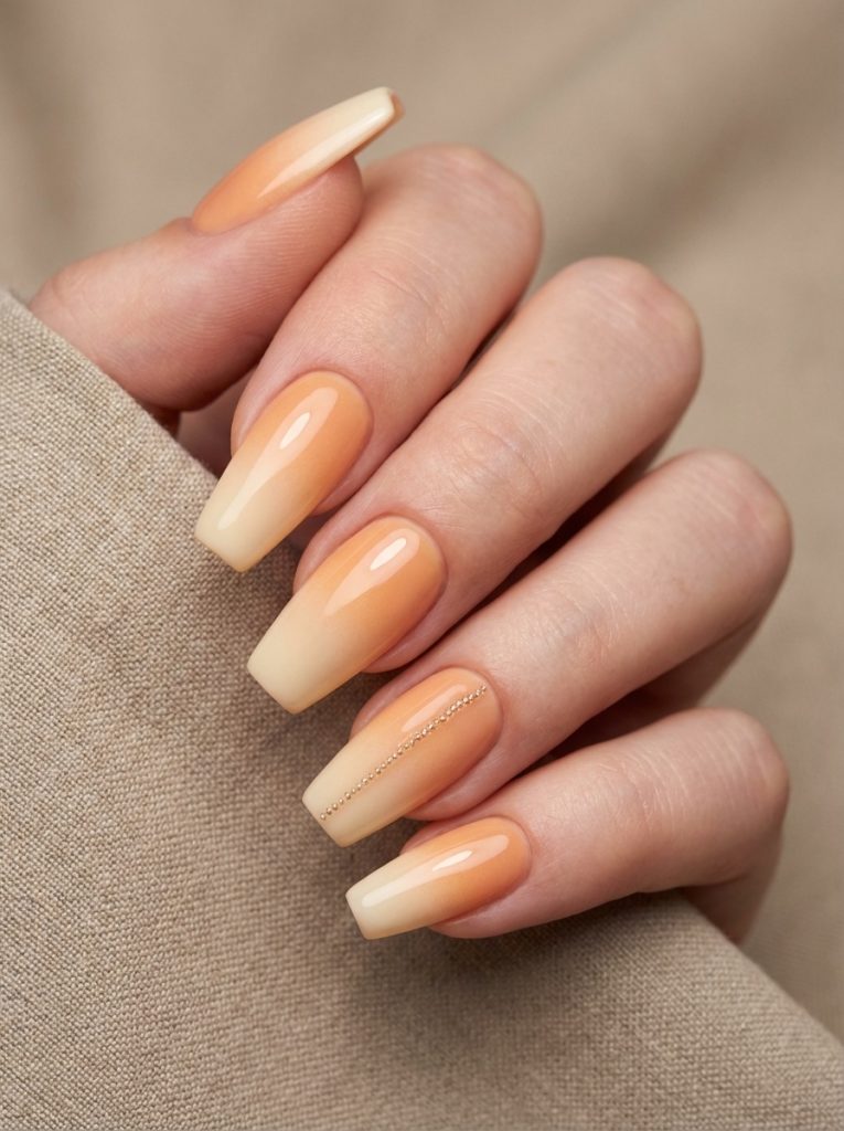 Close-up of a hand holding neutral fabric, featuring ombre wedding nails in apricot fading to cream, with one nail accented by a thin vertical row of tiny gold beads.