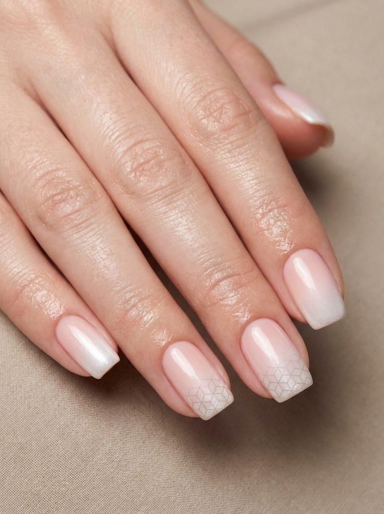 Manicured hand angled downward displaying ombre wedding nails fading from blush to white, accented by faint geometric grid patterns on the ring and middle fingers.