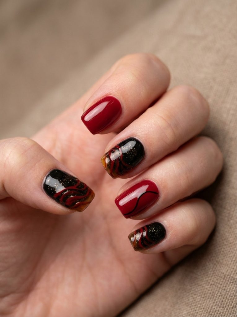 Fingers gently curled inward featuring red and black wedding nails in rich ruby polish and black glitter accents with warm amber-tinted edges and flowing line art.