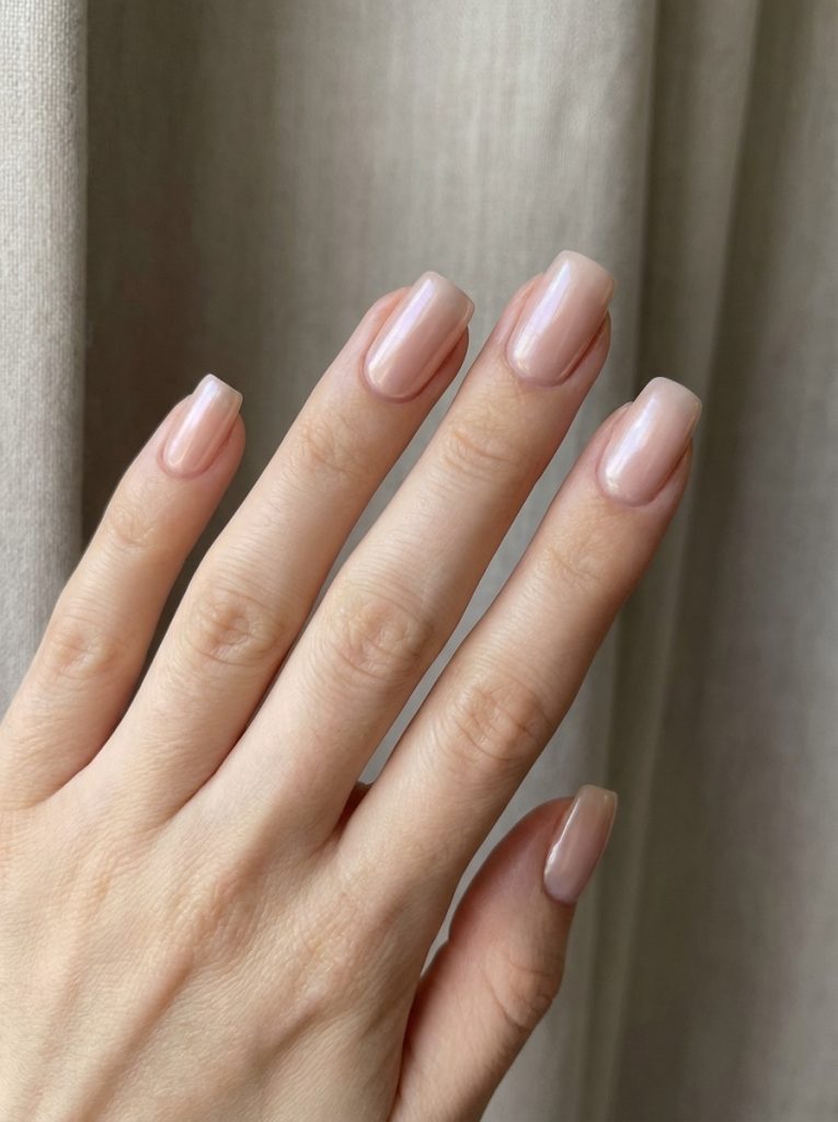 Close-up of hand featuring nude wedding nails in soft beige pearlescent polish on neatly squared nails against muted fabric background.