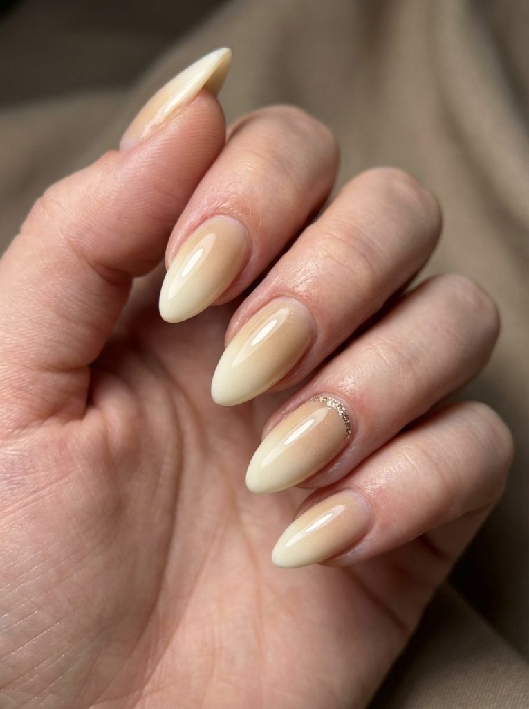 Natural hand pose displaying almond-shaped ombre wedding nails in creamy beige, featuring a small curved line of silver sparkle at the cuticle.