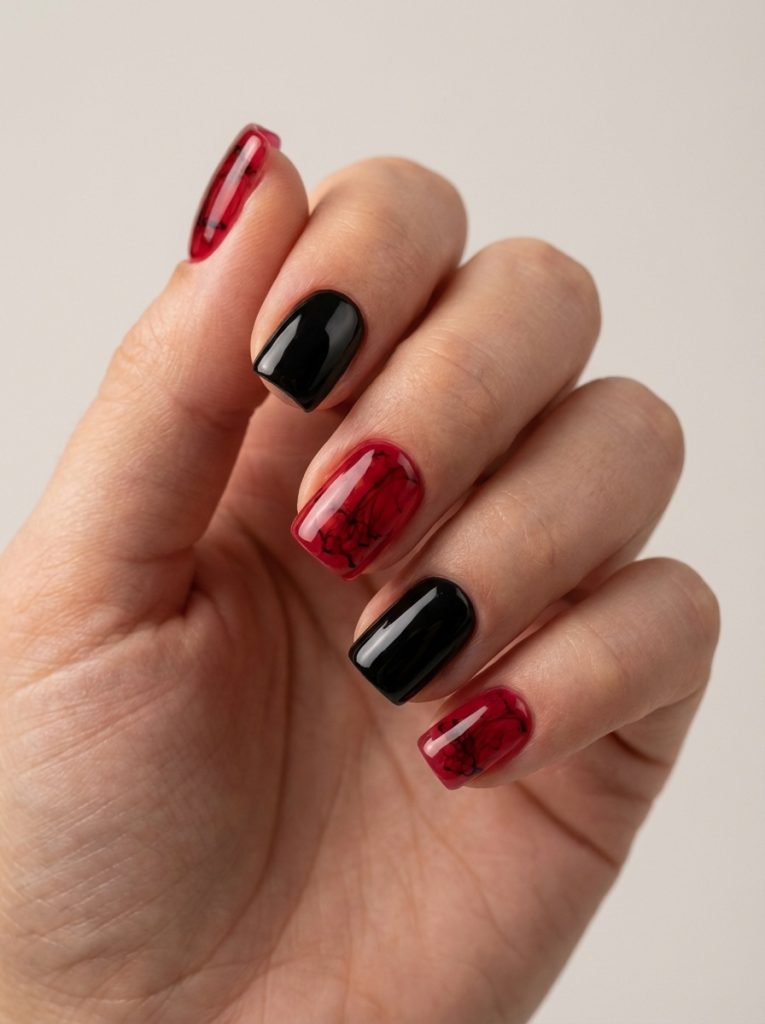 Close-up of red and black wedding nails featuring glossy black square polish paired with translucent red nails layered over dark marbled detailing.