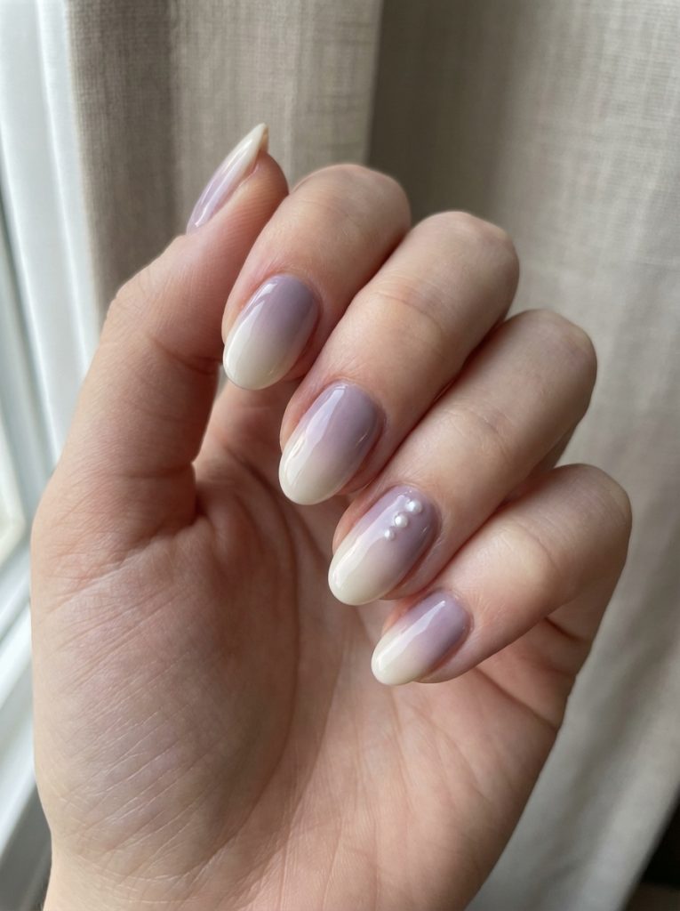 Hand gently curled inward showcasing ombre wedding nails blending soft lilac into pale ivory, highlighted by three small pearl details on the ring finger.