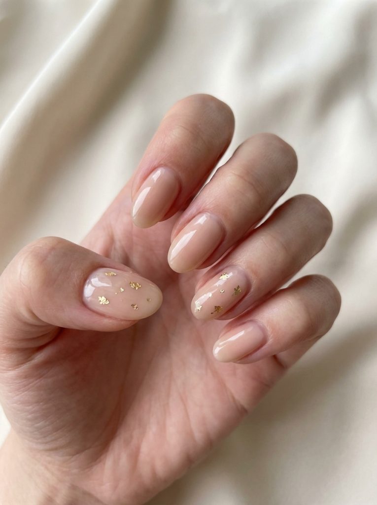 Close-up of a hand against cream fabric showing nude wedding nails in glossy beige, with two accent nails decorated with scattered irregular gold foil flakes.