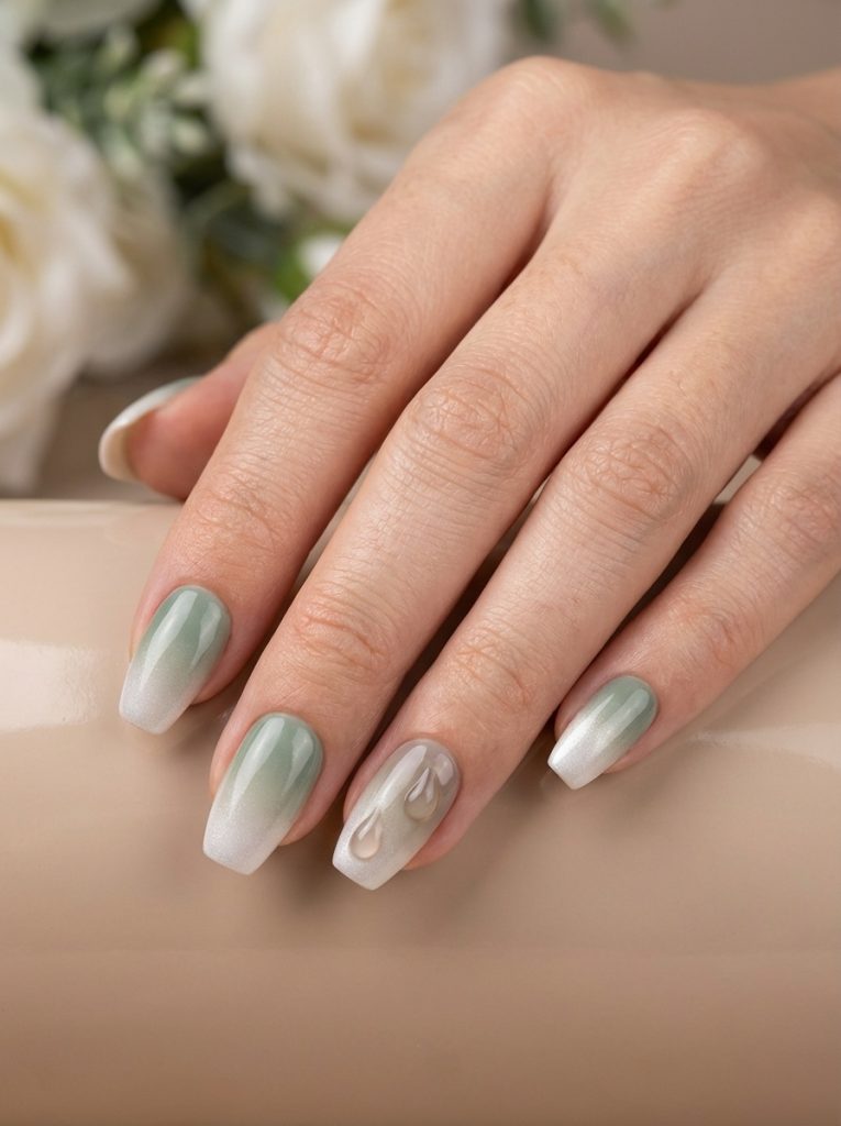Close-up of a hand resting on a glossy beige surface, featuring ombre wedding nails in sage green blending into white with a subtle raised bow accent on one nail.