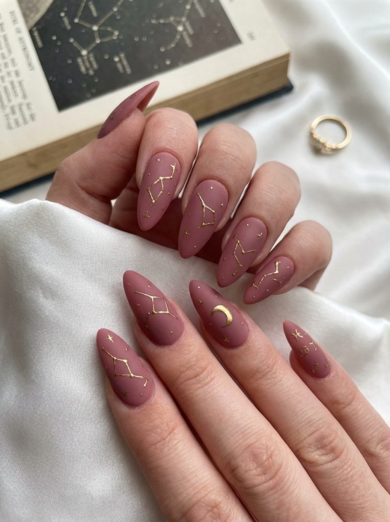 Close-up of mauve matte wedding nails featuring gold constellation patterns and tiny metallic specks, photographed near an open astronomy book.