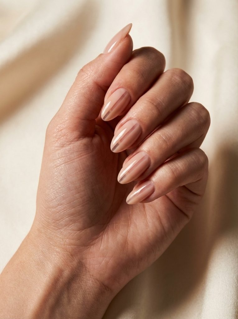 Soft natural light falls across a relaxed hand, showcasing nude wedding nails in a sheer peach-nude hue with elongated almond silhouettes and a high-shine surface.
