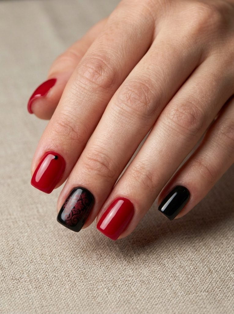 Detailed view of a manicured hand wearing red and black wedding nails in scarlet red and glossy black, with one nail adorned in intricate lace-style artwork.