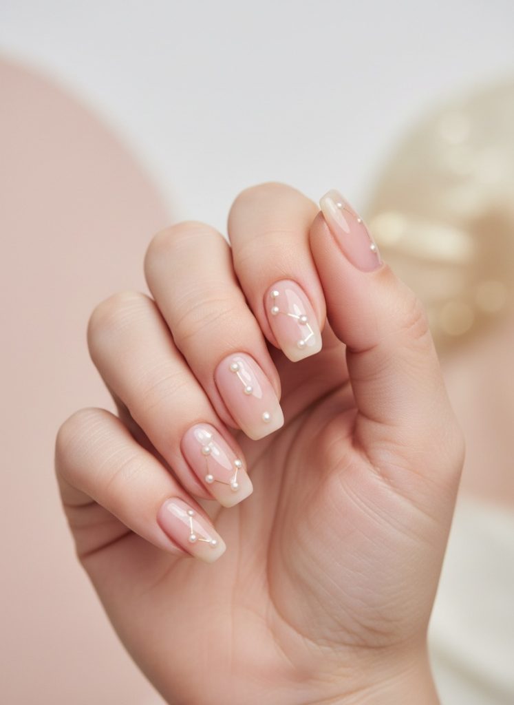 A close-up of fingers resting against a pastel background shows nude wedding nails with a blush-beige base, tiny pearl accents, and clean white line detailing.