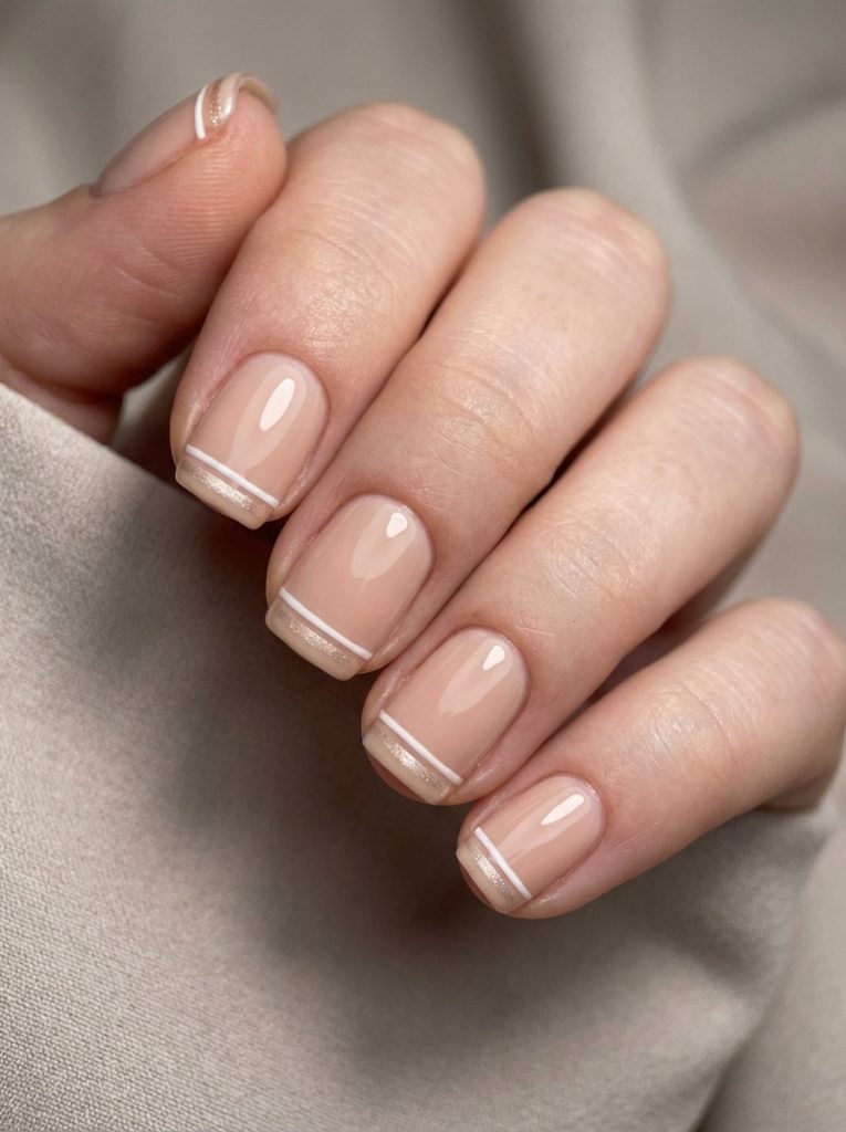 Close-up of a hand partially wrapped in a soft sleeve, revealing nude wedding nails in a warm beige tone accented by slim white tip lines and subtle shimmer detail.