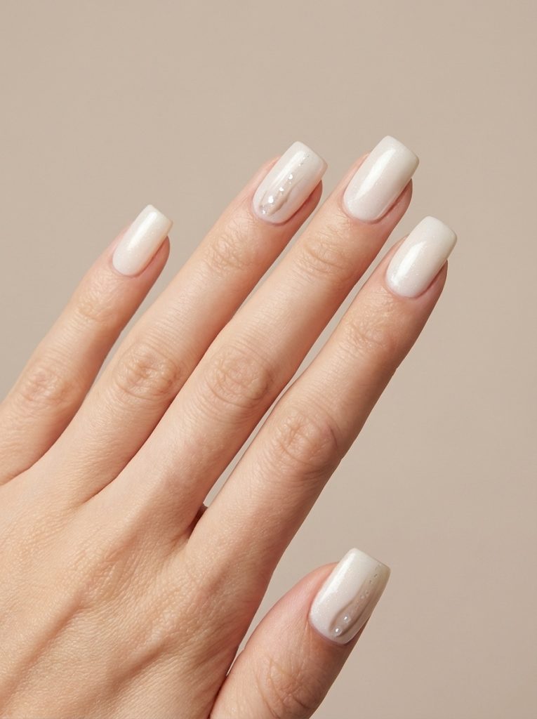 Close-up of a manicured hand against a beige backdrop featuring pearl wedding nails in creamy ivory with delicate vertical shimmer detailing on square tips.