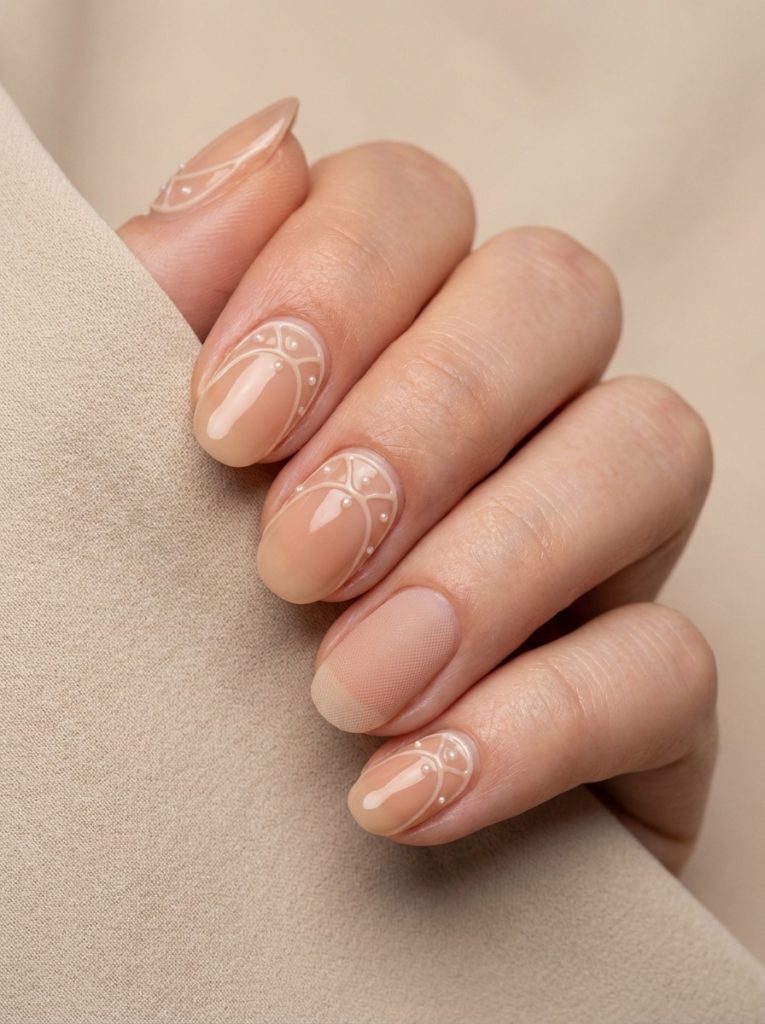 Close-up of a hand holding beige fabric, showcasing nude wedding nails in warm peach-beige polish with white swirl detailing and small pearl accents on glossy oval nails.