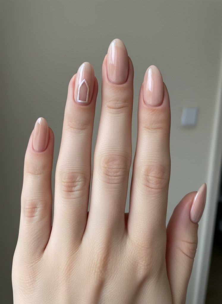 Elegant hand posed against neutral background showing nude wedding nails in rose-beige color with glossy almond shape and a single white geometric accent design.