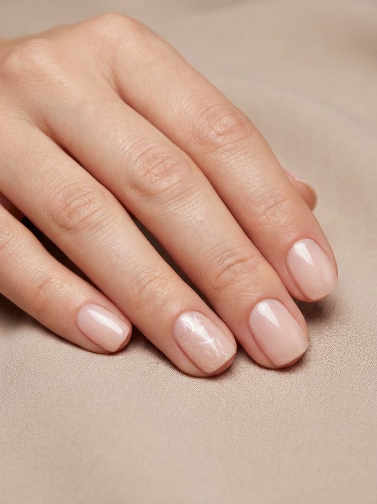 Manicured hand displayed flat against neutral linen wearing pearl wedding nails in rosy nude polish and a textured embossed accent nail.