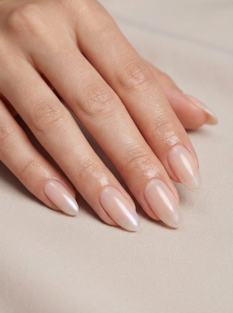 Hand placed on neutral linen surface showcasing nude wedding nails in creamy beige-pink polish with pearlescent glow and smooth almond contours.