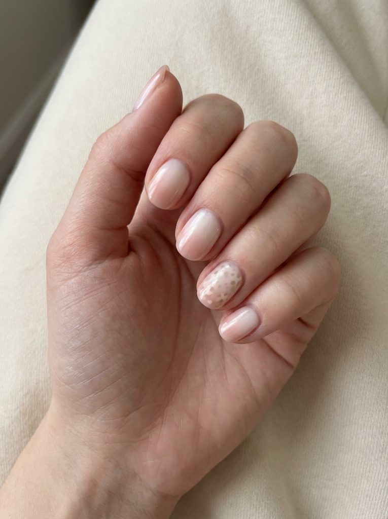 Close-up of a natural hand resting on cream fabric, featuring short ombre wedding nails in blush fading to ivory, with one nail decorated in tiny nude polka dots.