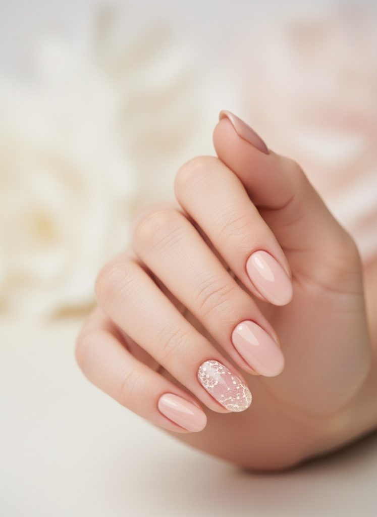 Close-up of manicured hand featuring nude wedding nails in sheer peach-beige shade and a single accent nail covered in lace-like glitter detailing.