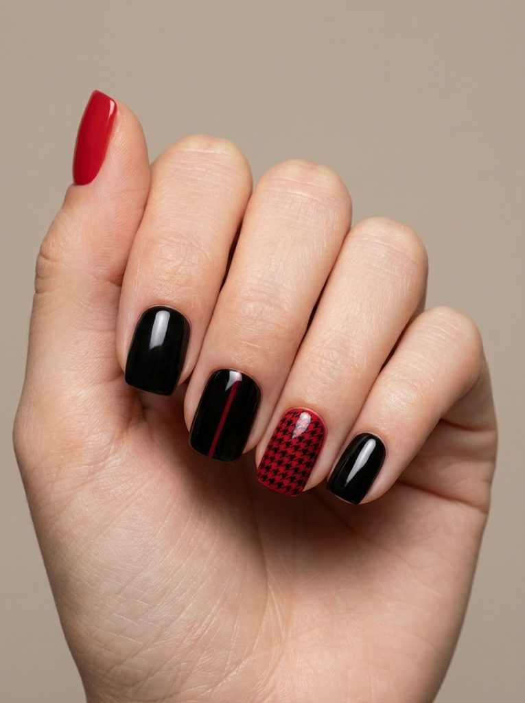 Manicured hand showcasing red and black wedding nails with deep black shine, a bright red nail, and a patterned accent nail in small red and black houndstooth print.