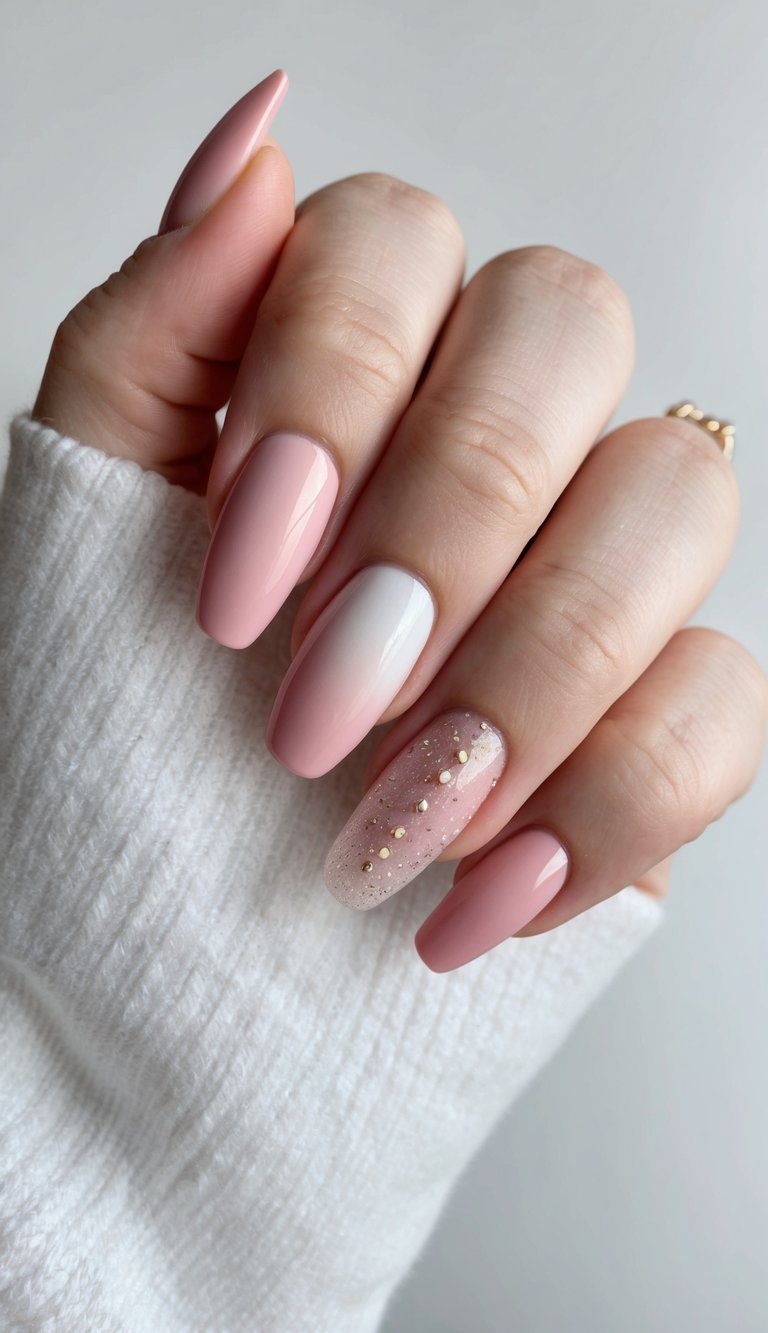 Close-up of a hand showing ombre wedding nails in blush pink fading into milky white, with one glitter accent nail decorated with small gold studs.