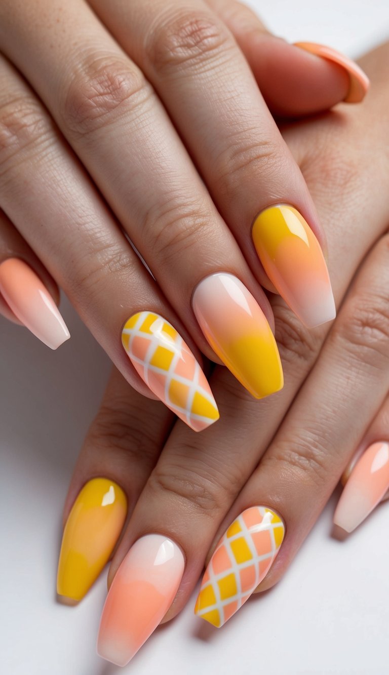 Coffin-shaped ombre wedding nails displayed on both hands, featuring a peach-to-yellow gradient and crisp white crisscross patterns on accent nails.