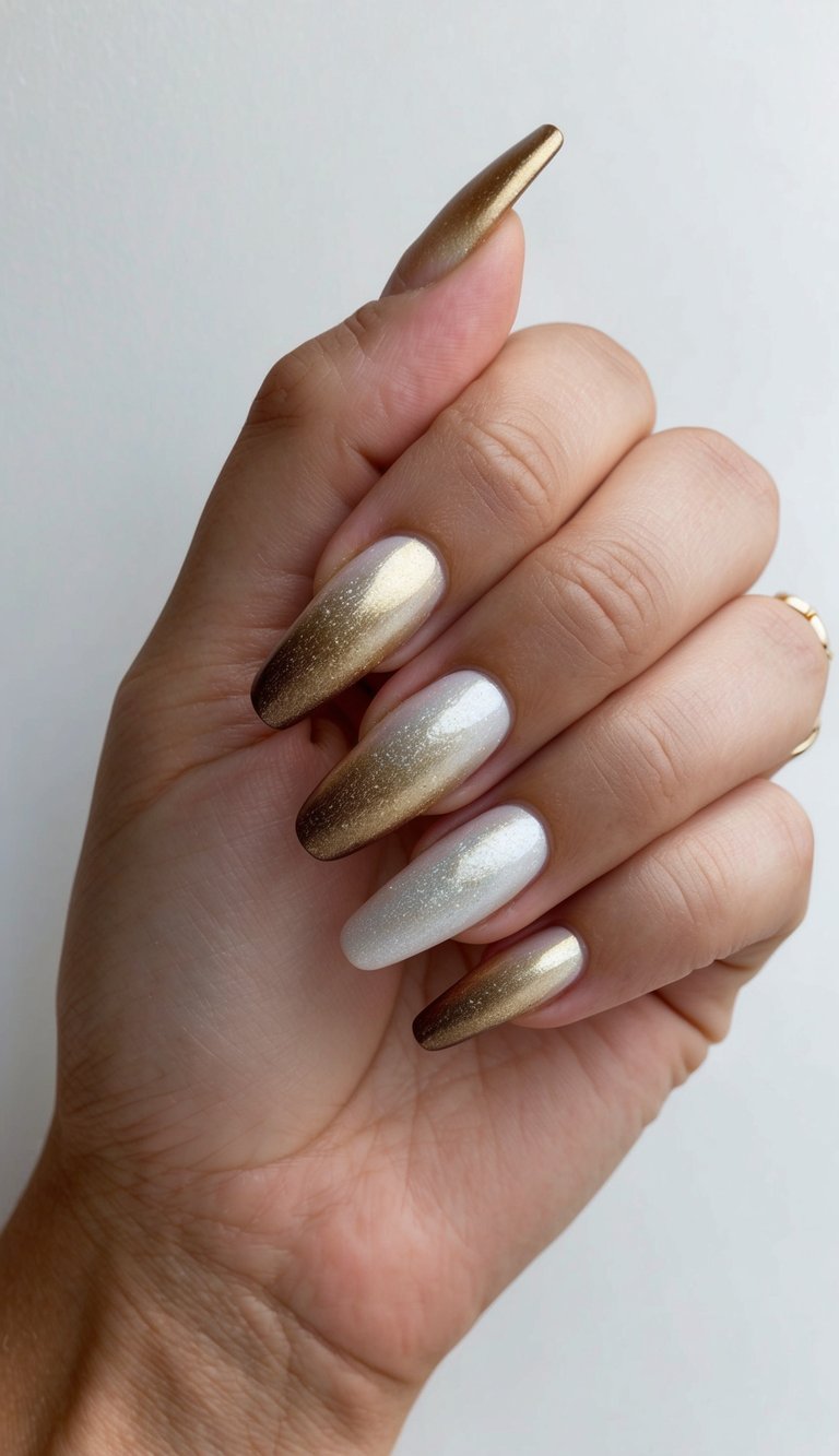 Close-up of a hand featuring long almond ombre wedding nails blending sparkling ivory into gold and bronze tones with a metallic glitter finish.