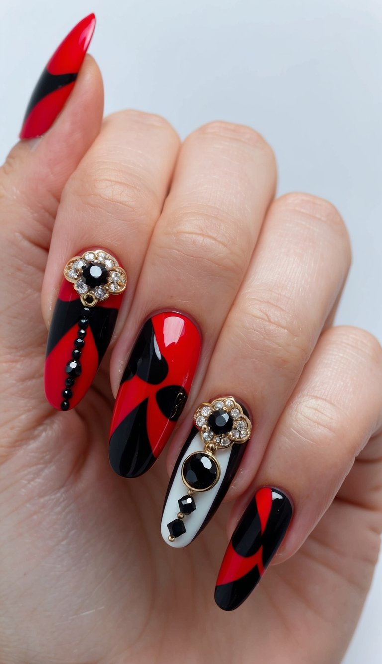 Close-up of a hand showcasing red and black wedding nails in glossy scarlet and jet black, featuring dramatic curved designs and large gold crystal embellishments on accent nails.