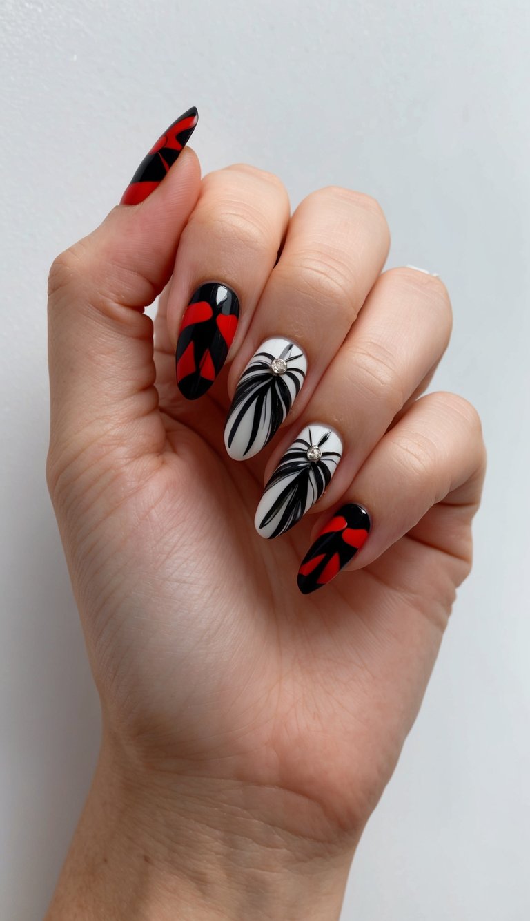 Close-up of a hand wearing red and black wedding nails in glossy crimson and black, with white accent nails featuring bold black floral swirls and small crystal embellishments.
