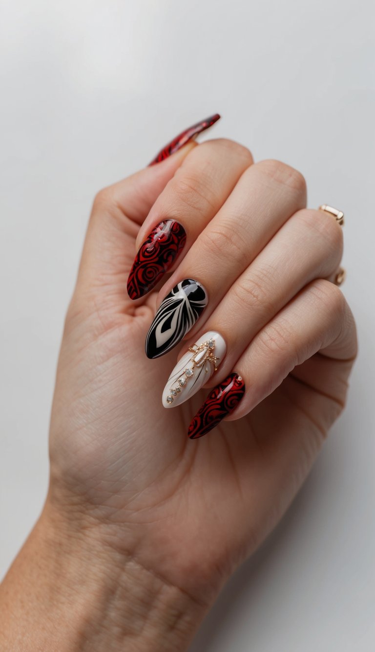 Elegant hand posed against a white backdrop featuring red and black wedding nails with crimson scroll patterns, glossy black polish, and an ivory accent nail decorated with gold chain and crystal details.
