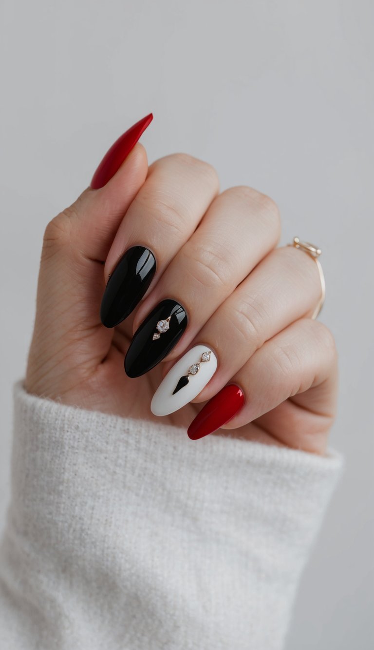 Close-up of a manicured hand in a soft knit sleeve featuring red and black wedding nails with glossy black almond nails, deep red accents, and a white nail adorned with gold-toned crystals.