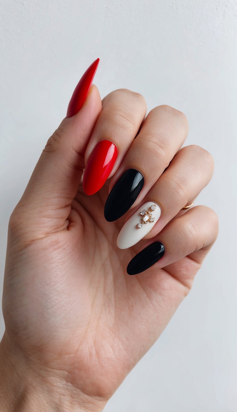 Close-up of a hand wearing red and black wedding nails in almond shape, featuring glossy red and black polish with a white accent nail decorated with small gold crystal embellishments.