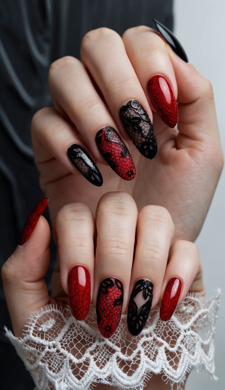 Elegant manicure of red and black wedding nails on two hands, combining glossy red nails and black lace detailing with sheer web-like textures over almond-shaped tips.