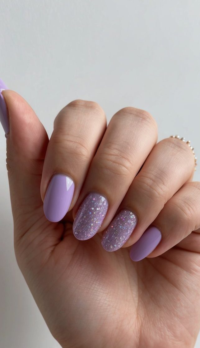 Close-up of a manicured hand featuring short wedding nails in glossy violet polish with two lilac glitter accent nails under soft lighting.