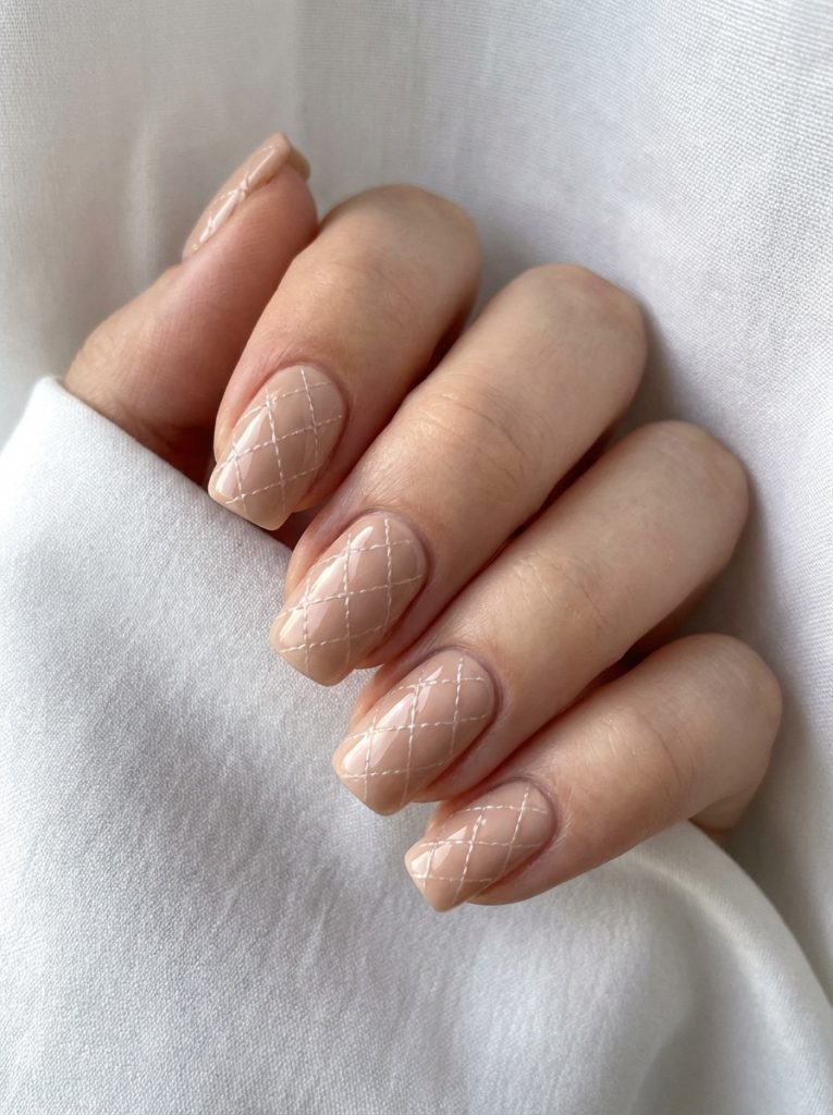 Manicured hand against white cloth featuring nude wedding nails in creamy beige polish with fine white diagonal lines creating a clean diamond grid design.