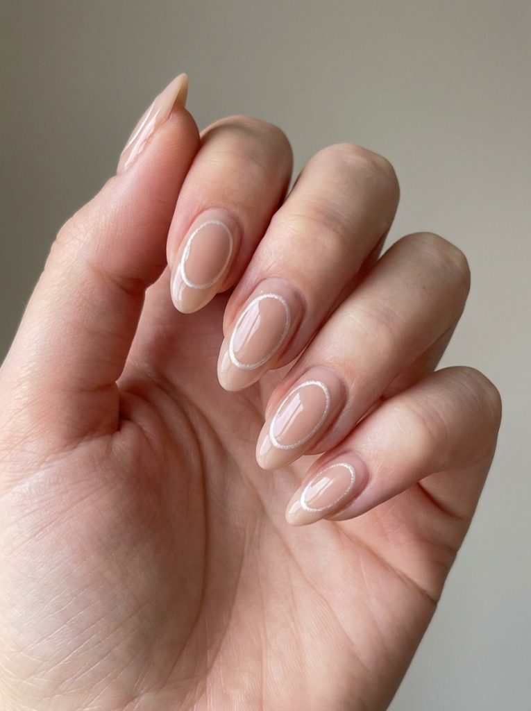 Close-up of glossy almond nude wedding nails with thin white oval borders centered on each nail, creating a subtle framed design.