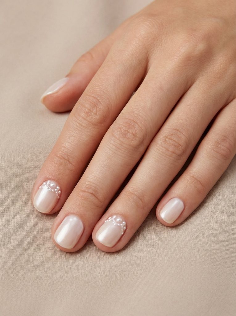 Hand resting on beige fabric featuring pearl wedding nails in glossy blush ivory, with tiny pearl accents arranged in curved half-moon designs near the cuticles.